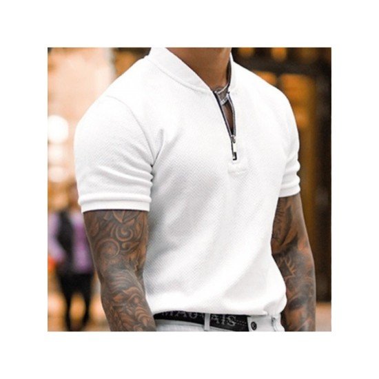 Men's Solid Color Zipper Up Short Sleeve Polo Shirt