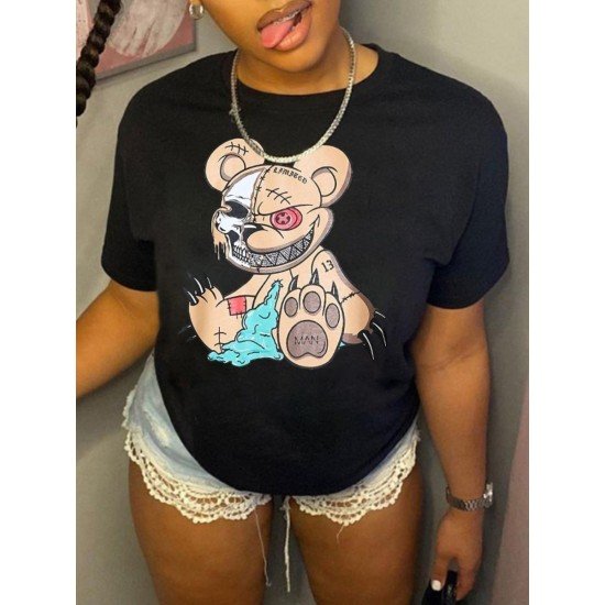 Skull Crazy Bear Graphic T Shirts For Women