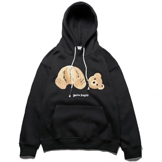 Teddy Bear Embroidery Black Hoodies Tops Men