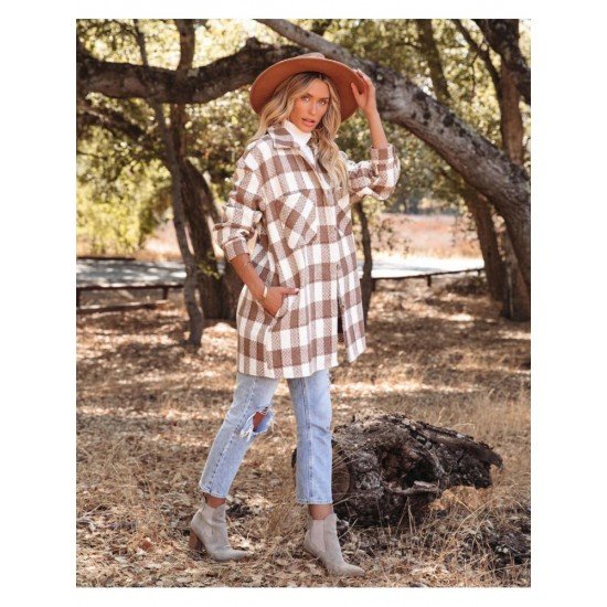 Spring Plaid Pockets Long Sleeve Long Coats