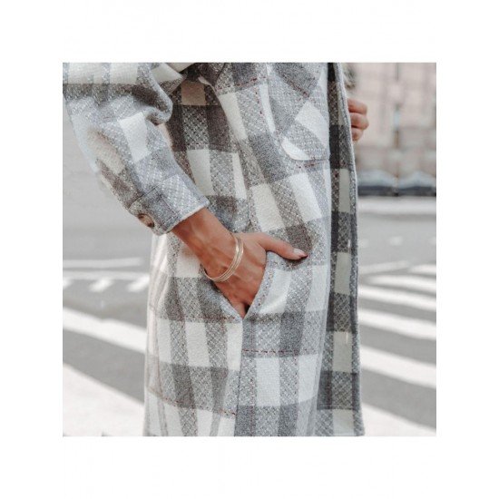 Spring Plaid Pockets Long Sleeve Long Coats