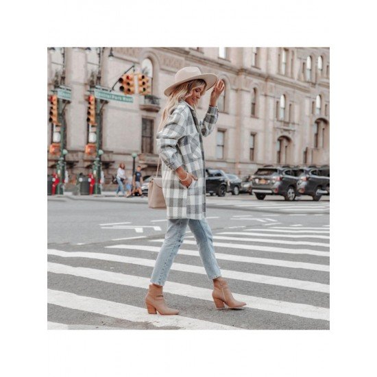 Spring Plaid Pockets Long Sleeve Long Coats