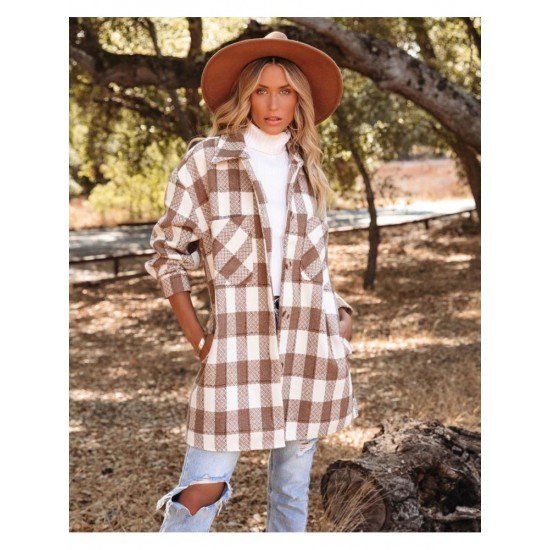 Spring Plaid Pockets Long Sleeve Long Coats