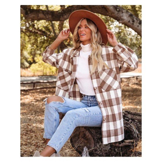 Spring Plaid Pockets Long Sleeve Long Coats