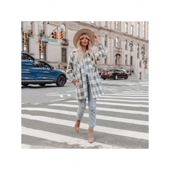 Spring Plaid Pockets Long Sleeve Long Coats