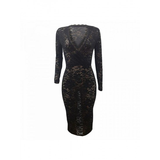 Lace Patchwork V Neck Long Sleeve Dress