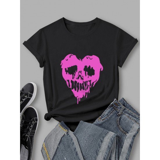 Skull Heart Graphic Summer Black T Shirts