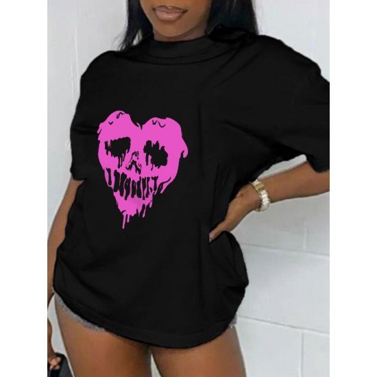 Skull Heart Graphic Summer Black T Shirts