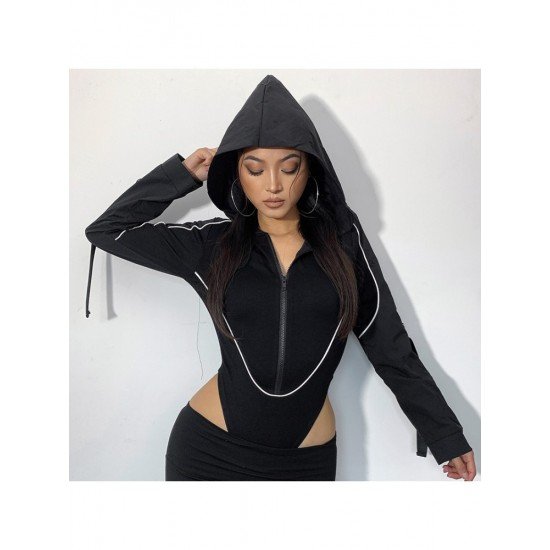 Patchwork Hooded Collar Long Sleeve Black Bodysuits