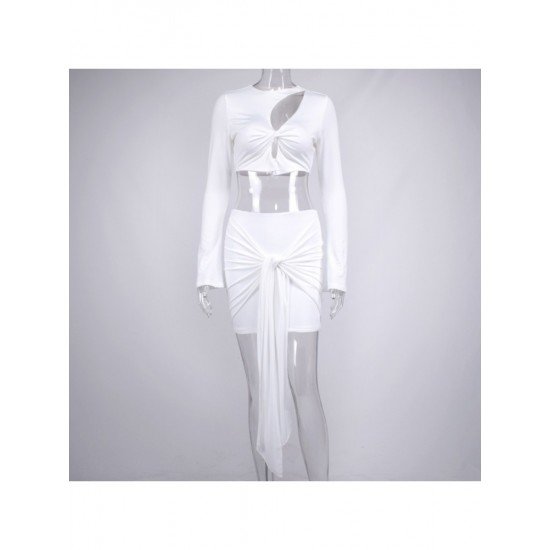 Tie Wrap Cut Out White Mini Skirt And Top Sets