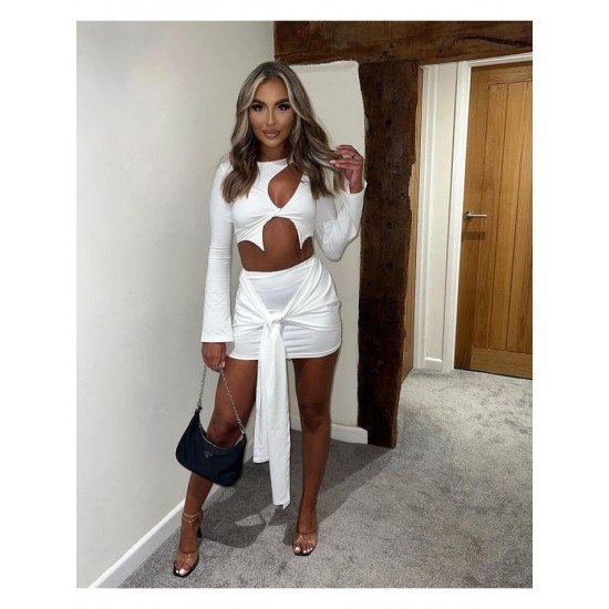 Tie Wrap Cut Out White Mini Skirt And Top Sets