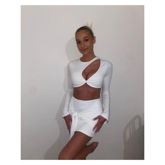 Tie Wrap Cut Out White Mini Skirt And Top Sets