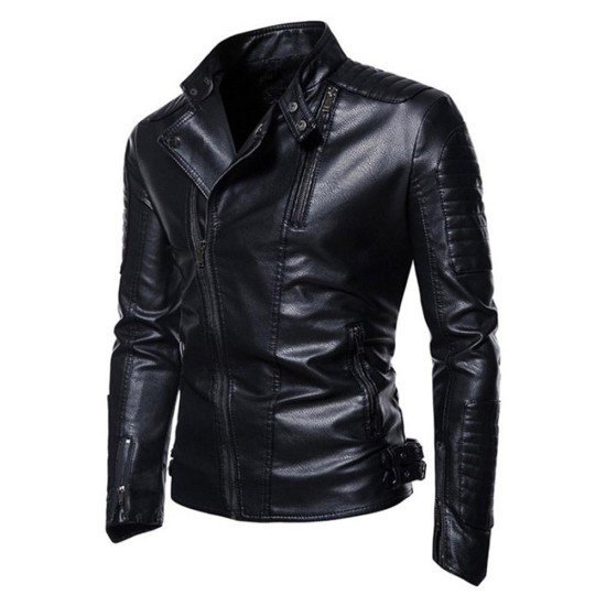 New Pu Zipper Stand Collar Jacket For Men 