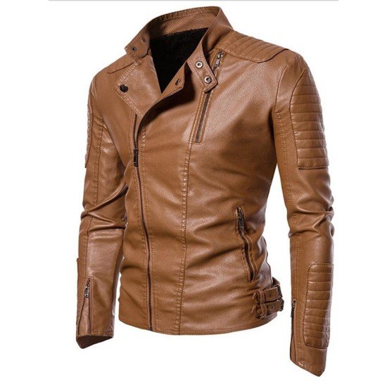 New Pu Zipper Stand Collar Jacket For Men 