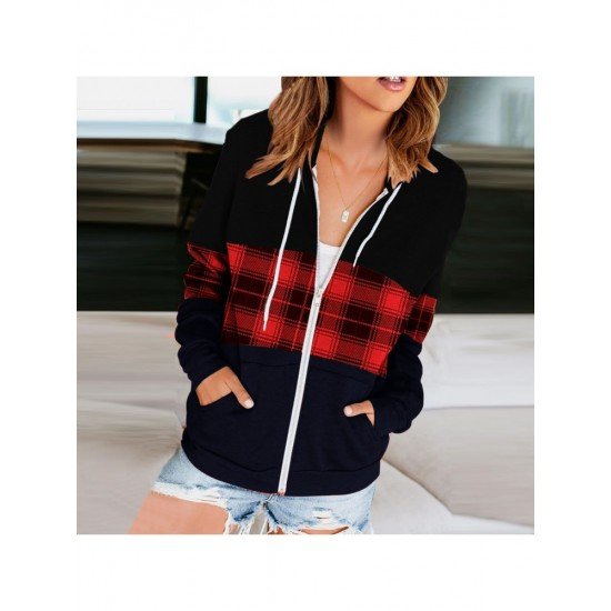 Casual Loose Hooded Plaid Patchwork Coat Jacket