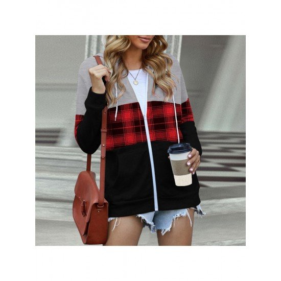 Casual Loose Hooded Plaid Patchwork Coat Jacket