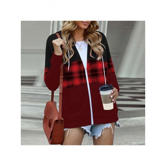 Casual Loose Hooded Plaid Patchwork Coat Jacket