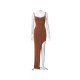 Ladies Solid Spaghetti Straps Slit Maxi Dress