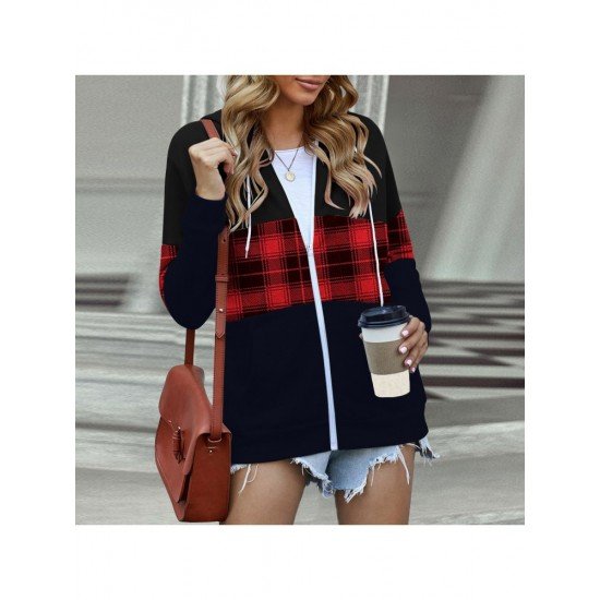 Casual Loose Hooded Plaid Patchwork Coat Jacket