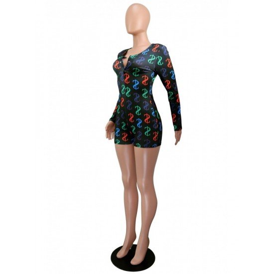  Sexy Skinny Dollar Printing Women's Long Sleeve Rompers