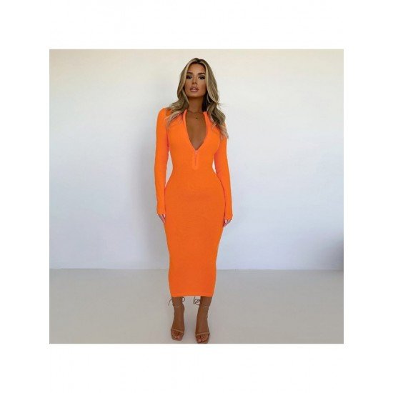 Simple Solid Zip Long Sleeve Dresses For Women