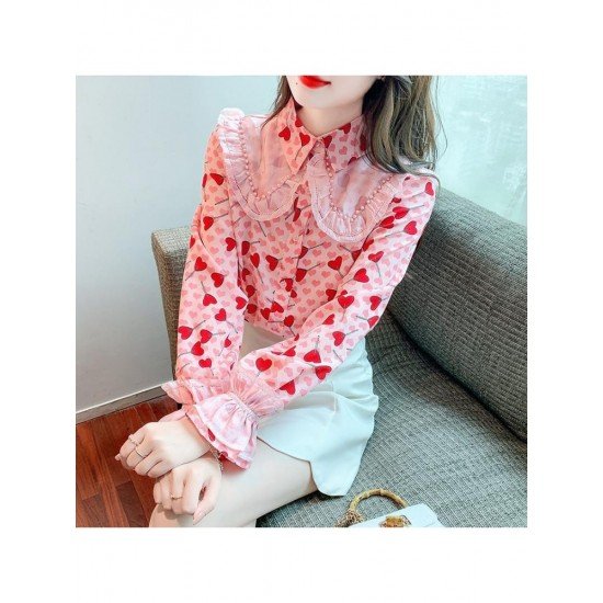  2022 Heart Printing Beaded Women's Chiffon Shirt