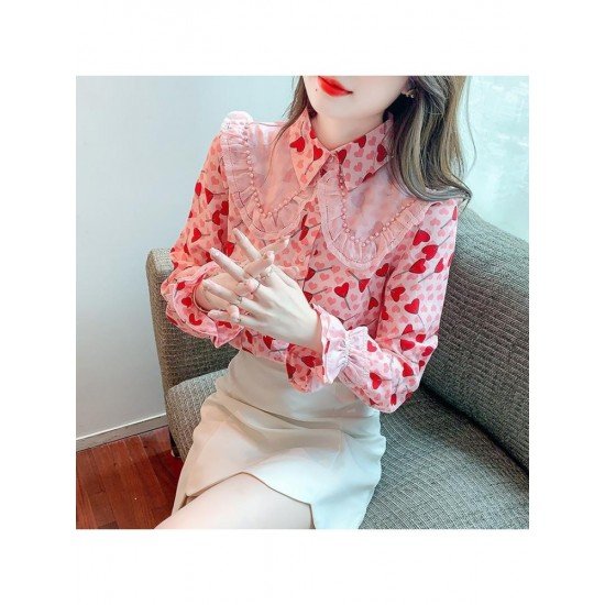  2022 Heart Printing Beaded Women's Chiffon Shirt