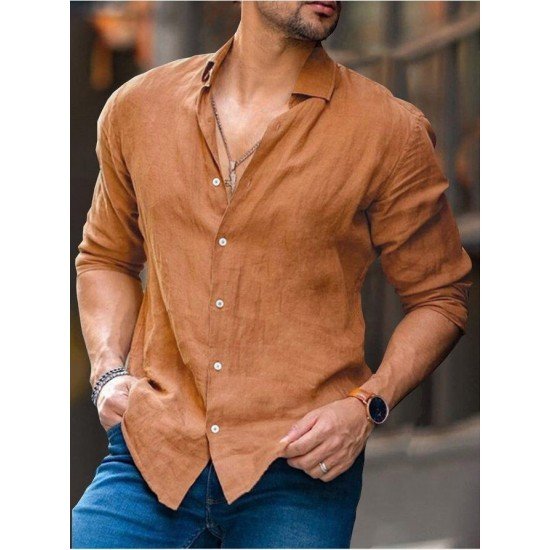  Pure Color Long Sleeve Lapel Top For Men