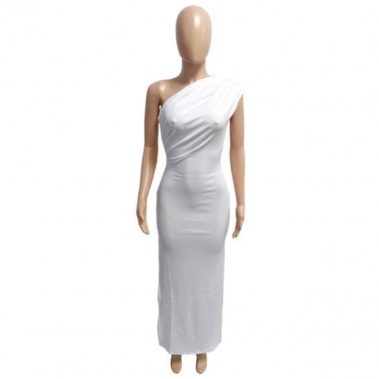 Casual White One Shoulder Slit Maxi Dress