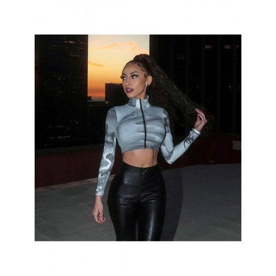 Street Ladies Mock Neck Zipper Up Cropped Tops