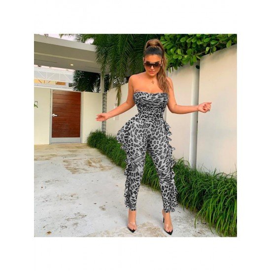  Sexy See Through Leopard Print Sleeveless Jumpsuit