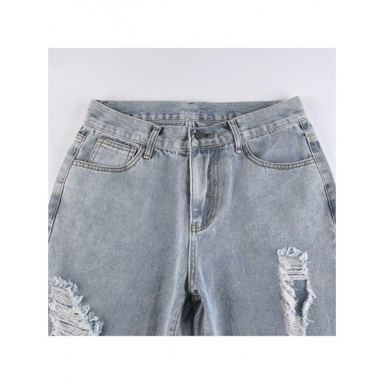 Summer Ripped Hole Blue Straight Leg Jeans