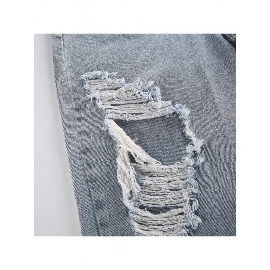 Summer Ripped Hole Blue Straight Leg Jeans