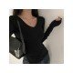 V Neck Black Fitted Long Sleeve T Shirts