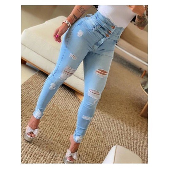  Fashion Casual Ripped Pure Color Jeans