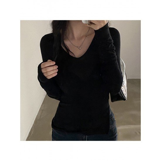 V Neck Black Fitted Long Sleeve T Shirts