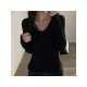 V Neck Black Fitted Long Sleeve T Shirts