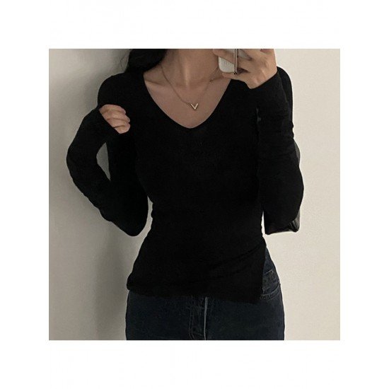 V Neck Black Fitted Long Sleeve T Shirts