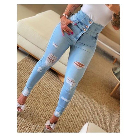  Fashion Casual Ripped Pure Color Jeans