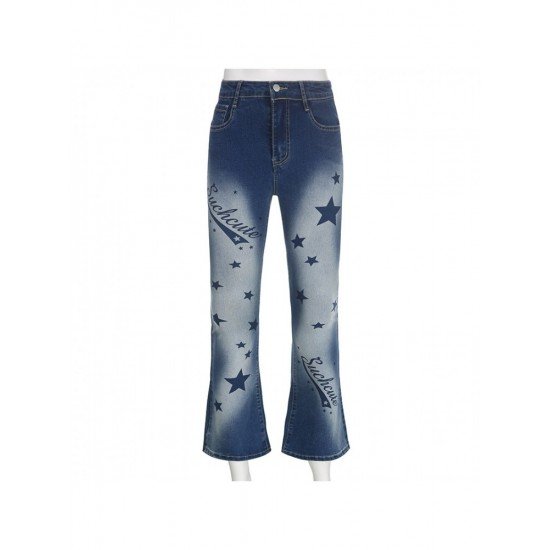 Vintage Star Printed Blue Flare Jeans For Ladies