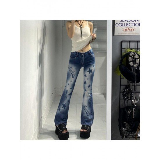 Vintage Star Printed Blue Flare Jeans For Ladies