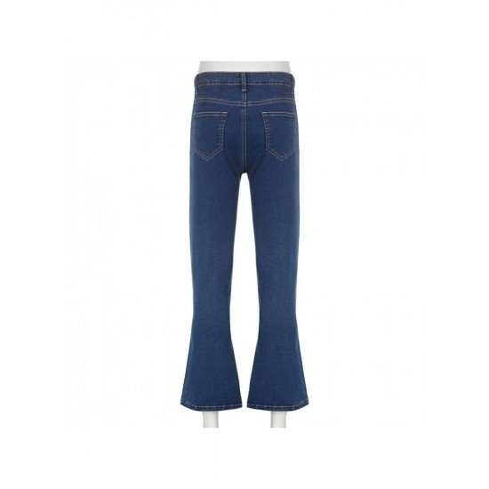 Vintage Star Printed Blue Flare Jeans For Ladies