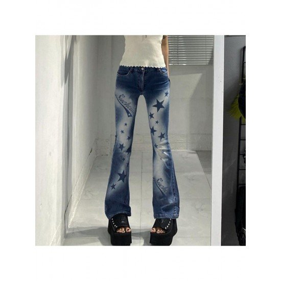 Vintage Star Printed Blue Flare Jeans For Ladies