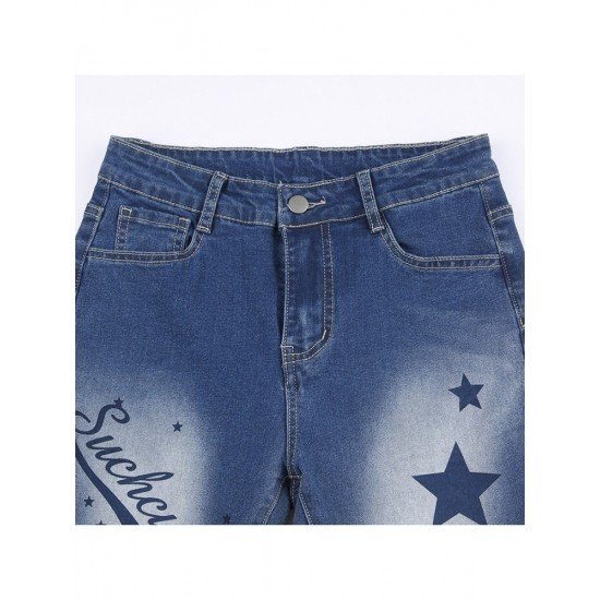 Vintage Star Printed Blue Flare Jeans For Ladies