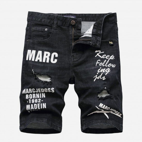 Black Letter Printed Ripped Half Length Jeans For Men