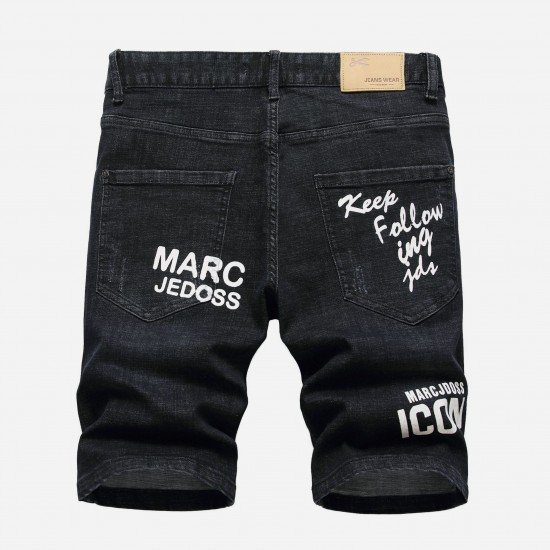 Black Letter Printed Ripped Half Length Jeans For Men