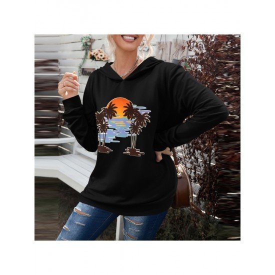  Casual Coconut Tree Printing Long Sleeve Sweater