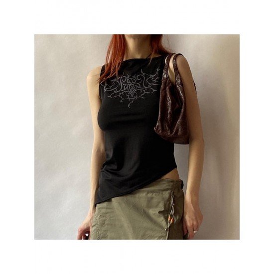 Asymmetry Black Printed Sleeveless Tops For Ladies