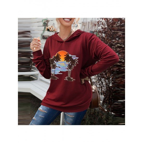  Casual Coconut Tree Printing Long Sleeve Sweater