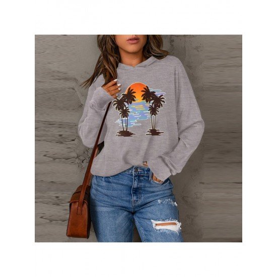  Casual Coconut Tree Printing Long Sleeve Sweater